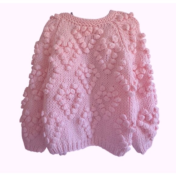 Chicwish Handmade with Love Pom Pom Heart Bobble Cardigan Sweater Womens Pink - Picture 2 of 11